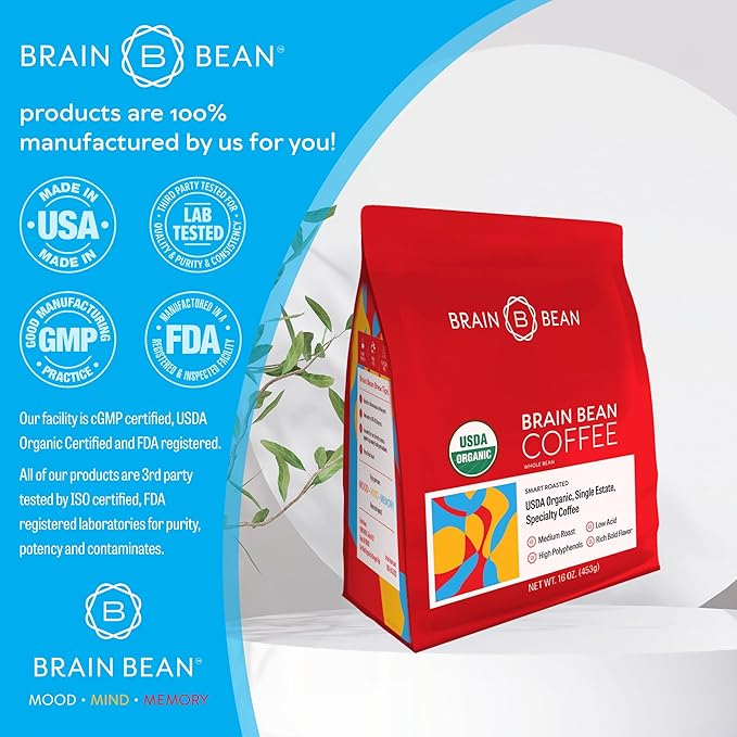 Brain Bean Organic Coffee โ Smooth Taste & Rich Medium Roast โ High Antioxidant & USDA certified organic for Cognitive Support, Mood Enhancement & Toxin Removal - Whole Bean Coffee โ 16 oz (3-Pack)