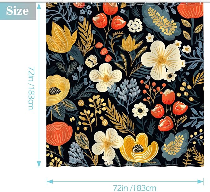 Aimego Black Floral Shower Curtain - Dark Beige Yellow Flowers Plants Boho Chic Colorful Botanical Leaves Fabric Cloth Bath Shower Curtain Set with 12 Hooks for Bathroom Decor Accessories, 72"x72"