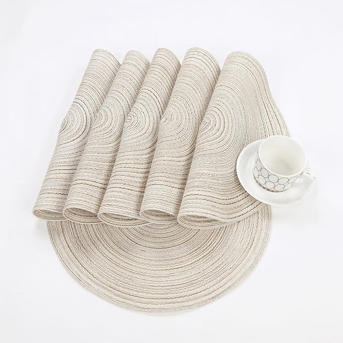 SHACOS Placemats Set of 8 Round Braided Place Mats 15 inch Washable Table Mats for Home Wedding Holiday Party (Ivory, 8)