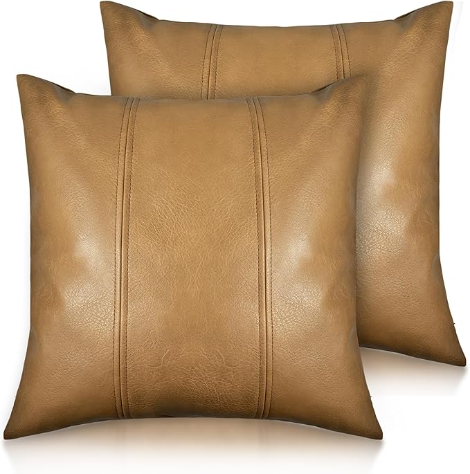 Faux Leather Throw Pillow Cover 18X18 Inch Set of 2 Brown Outdoor Modern Farmhouse Solid Decorative Pillow Covers for Room Couch Living Bedroom Bed Sofa