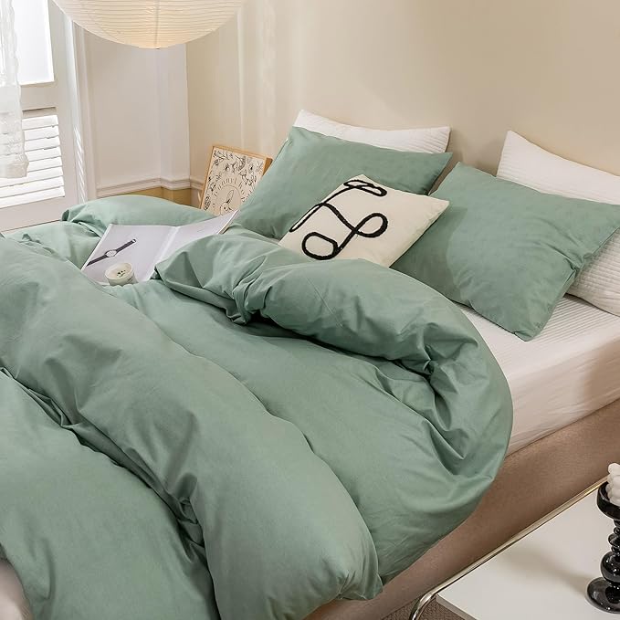ECOCOTT Duvet Cover Set, 100% Washed Cotton Linen-Like Textured Soft & Breathable, Durable Comfy Bedding Set for All Seasons (Mint Green, Queen)