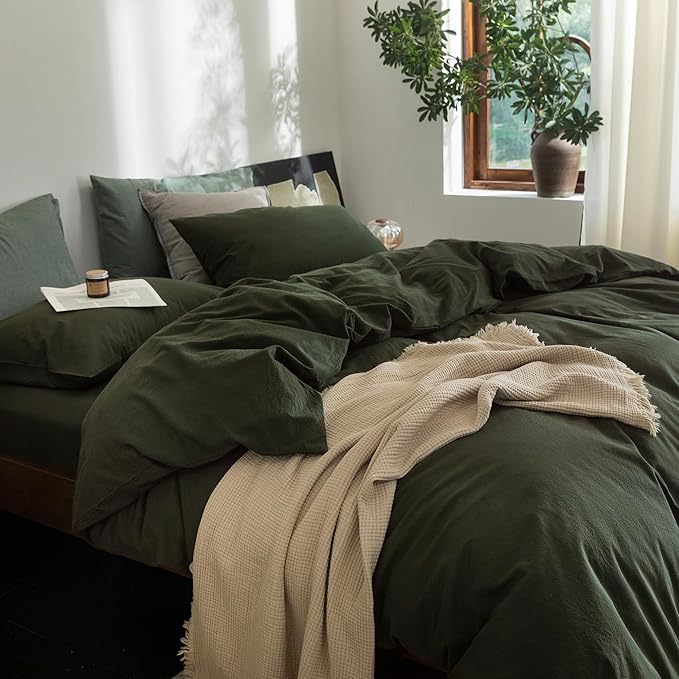 FOSSA Duvet Cover Set 100% Washed Cotton Linen Feel Super Soft Breathable Cozy 3 Pieces Bedding Sets Solid Olive Green Twin