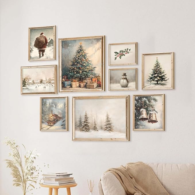ASTRDECOR Vintage Christmas Wall Art, 9-Piece Winter Holiday Poster Set, Santa, Snowman, Pine Tree Prints for Cozy Xmas Room Décor, Largest 11"x14", Multi Sizes, Christmas Picture Decorations Unframed