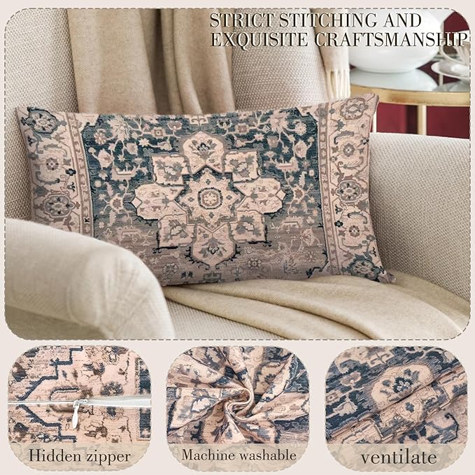 Boho Throw Pillow Covers 12x20 inch Set of 2,Boho Vintage Carpet Pattern Antique Ethnic Decor Double Sided Pattern Cushion Cover Soft Pillow Case Living Sofa Room Bed Square Pillow Cover