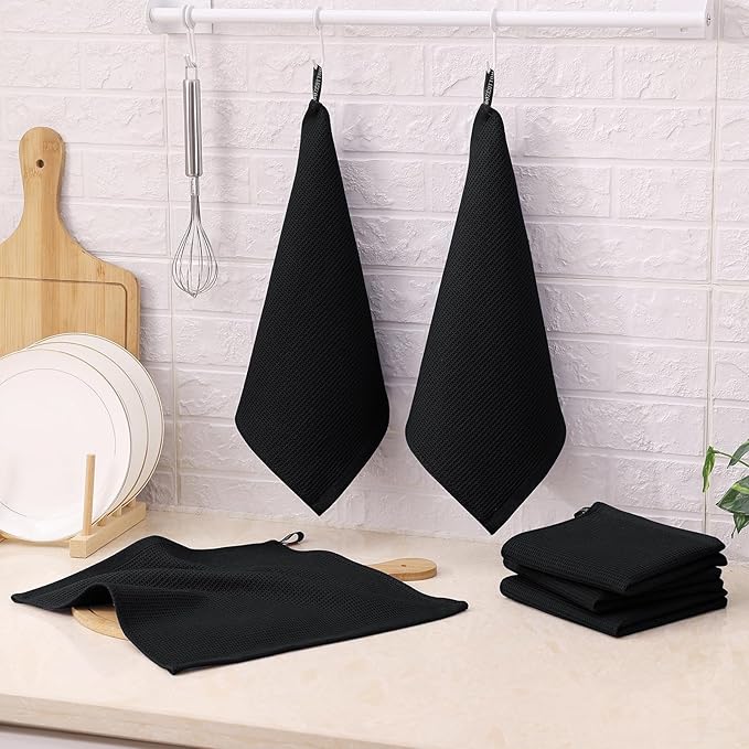 Homaxy 100% Cotton Waffle Weave Dish Cloths - 8 Pack Soft and Absorbent Dish Towels - 12 x 12 Inches Quick Dry Dish Rags - Black