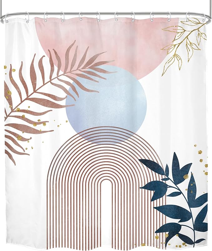 Pink Blue Boho Shower Curtain 60Wx72H Mid Century Modern Abstract Gold Leaves Plant Sun Bathroom Decor Minimalist Geometric Arch Line Aesthetic Girls Bath Curtain Fabric Polyester 12 Pack Hooks