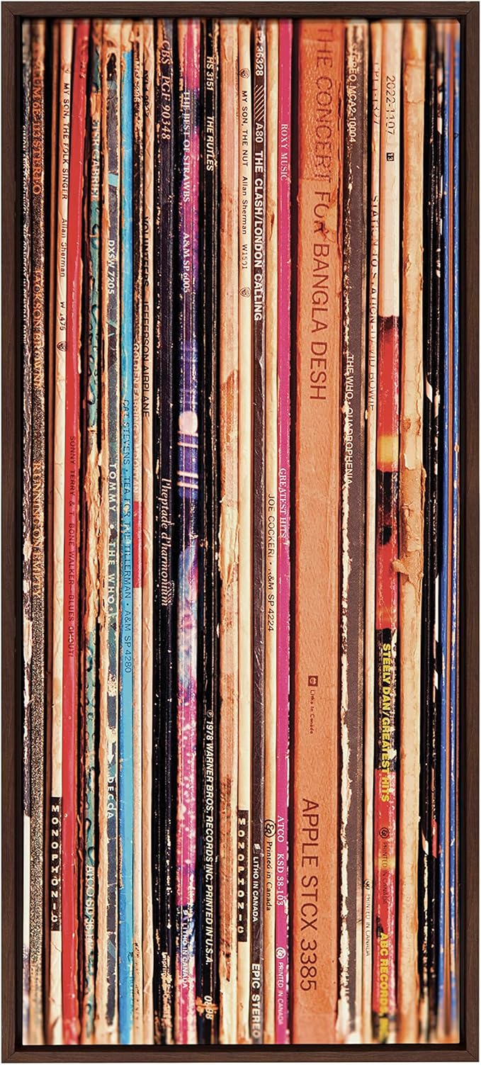 Kate and Laurel Sylvie 33RPM Framed Canvas Wall Art by Robert Cadloff of Bomobob; 18 x 40; Brown; Decorative Music Art for Wall