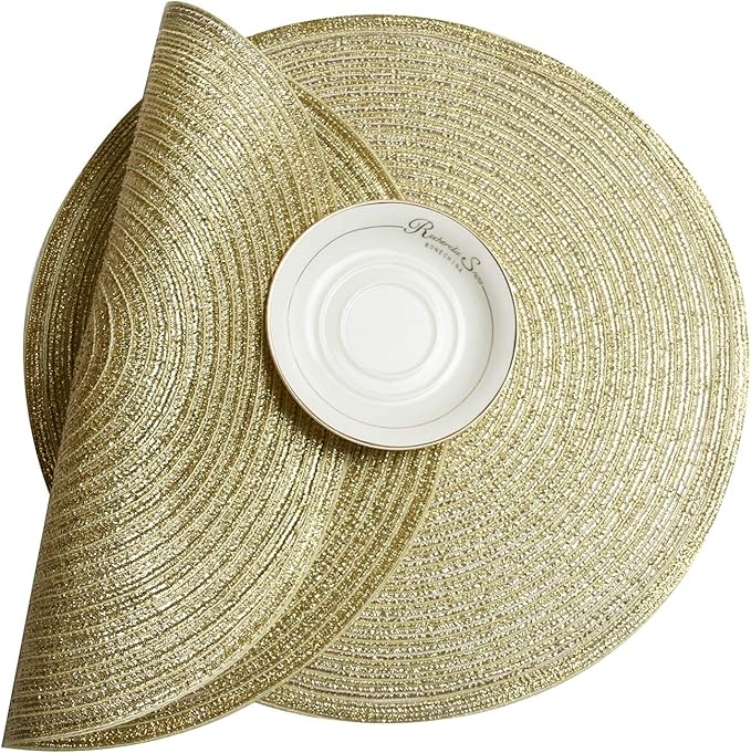 SHACOS Gold Glitter Round Placemats Set of 6 Bling Circle Place Mats Washable Table Mats for Christmas Holiday Party Wedding Shower Table Decor (6, Gold)