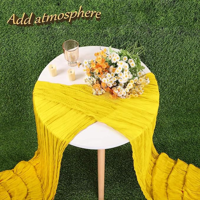 13.3FT Light Yellow Cheesecloth Table Runner Transparent Boho Table Runner Rustic Gauze Wedding Dining Table Decorations for Holiday Birthday Party Baby Shower Event Decorations