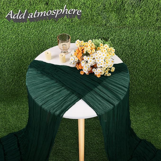 Cheesecloth Table Runner 13.3FT Long Boho Table Runner Vintage Rustic Gauze Wedding Dining Table Decorations for Holiday Birthday Party Baby Shower Event Decorations (Dark Green,35x160 Inch)