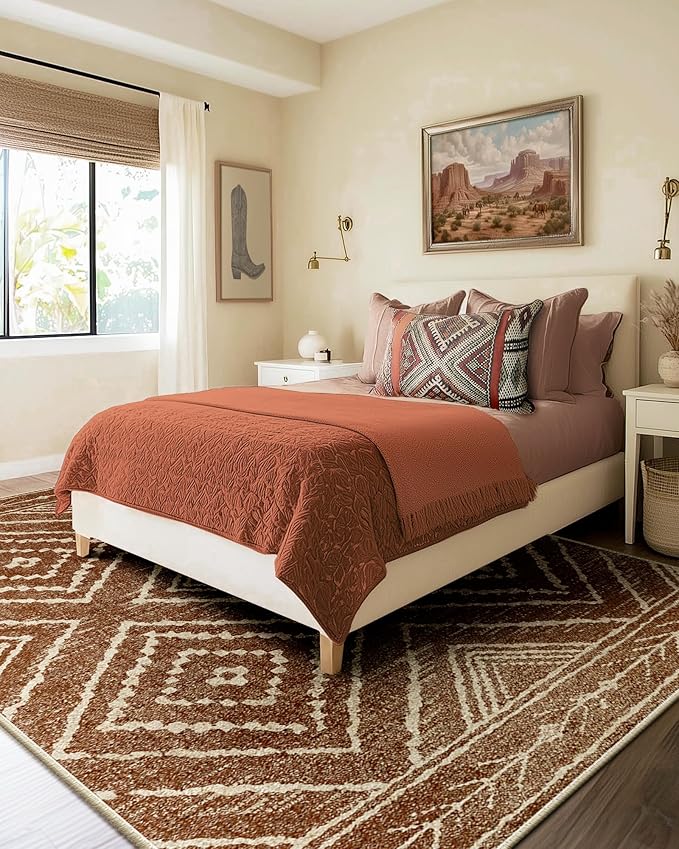 Area Rug 10x14 Rug Machine Washable Non-Slip Low Pile Print Pattern Western Rug for Living Room Bedroom Entryway Tribal Series -Yellowbrown/Cream