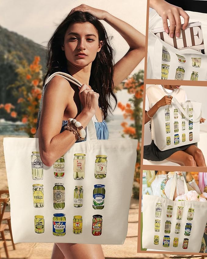 Large Tote Bag for Women - Aesthetic Cute Big Canvas Bags with Zipper Cotton Shoulder Bag for Gym, Travel, Work