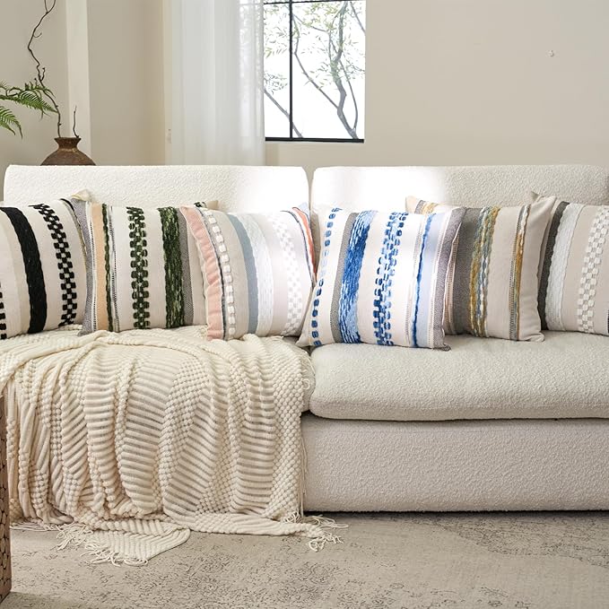 Aeckself Boho Throw Pillow Covers 18x18 Inch Set of 2, Farmhouse Decorative Striped Square Pillow Covers Chenille Tufted Pillow Cases Accent Neutral Pillowcase for Living Room Couch Bed, Sky Blue