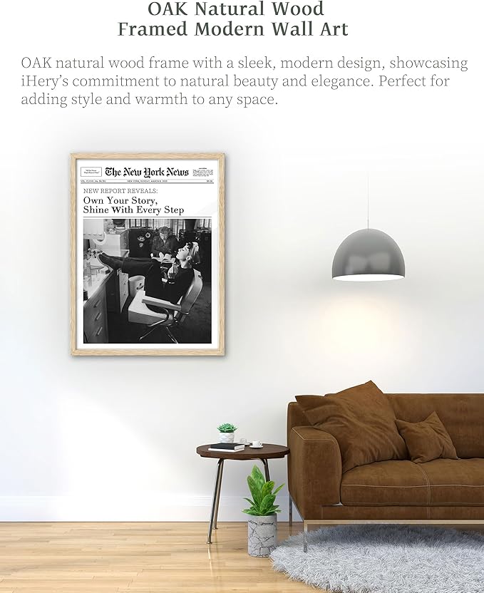iHery Natural OAK Wood Audrey Hepburn Framed Wall Art, 12x16 in Own Your Story Shine With Every Step Canvas Wall Decor, Modern Trendy Newspaper Bedroom Decor, Set of 1 For Bathroom Living Room