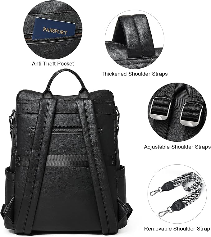 Shrrie 15.6 inch Laptop Backpack for Women,Large Leather Backpack Purse,Travel,Carry on,Water Resistant Casual Laptop Backpacks,College Backpack,Work Backpack for Women,Two-tone Black