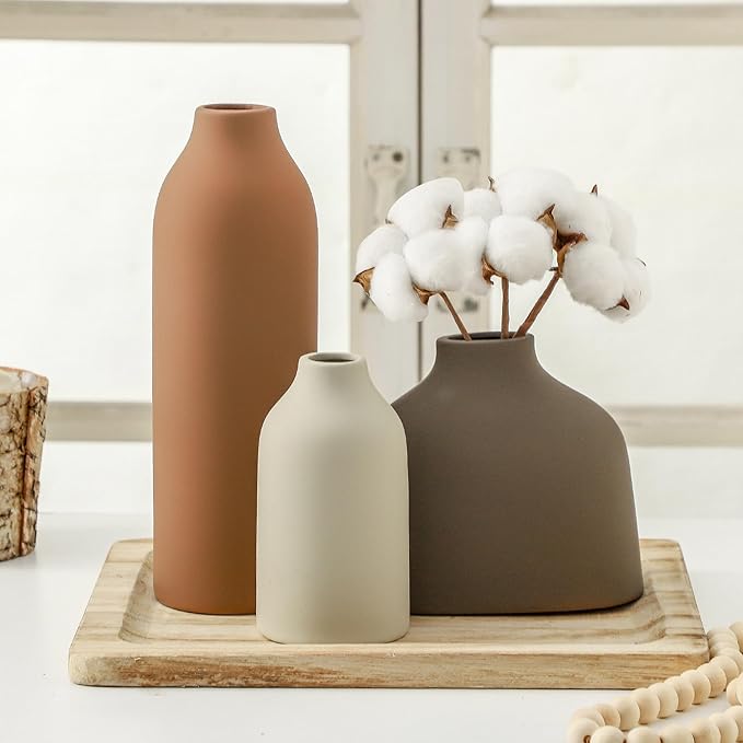 Ceramic Vase Set of 3,Flower Vase Home Decor,Rustic Modern Farmhouse Decor Pottery Vases, Pampas Grass Dried Fresh Flowers,Bedroom,Living Room,Bookshelf Decoration, Centerpiece Table Decor,Boho Decor.