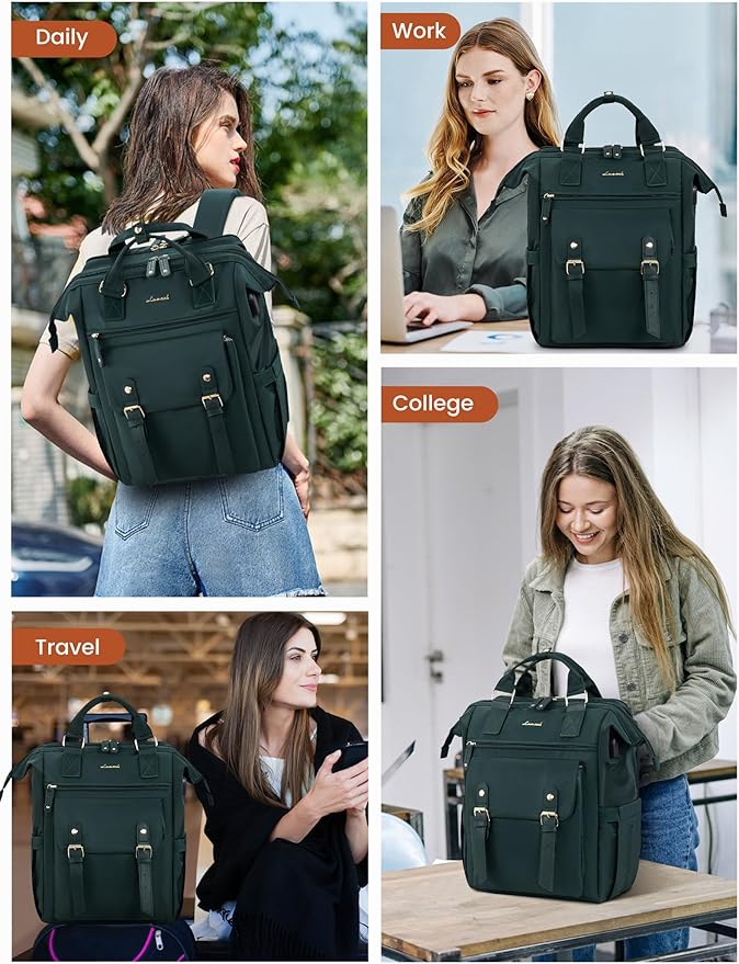 LOVEVOOK Laptop Backpack for Women, Teacher Nurse Work Backpack Purse, Water Resistant Travel Backpack with Separate Laptop Compartment, College Back pack, 15.6 Inch - Dark Green