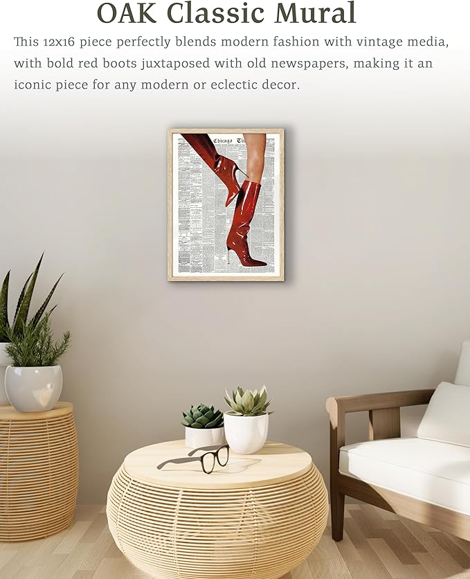 EcoHest Trendy Newspaper Red Boots Framed Wall Art, 12x16 in OAK Wood Fashion Icon Canvas Wall Art, Magazine Home Decor, Beige Logs Retro Set of 1 for Bedroom Living Room