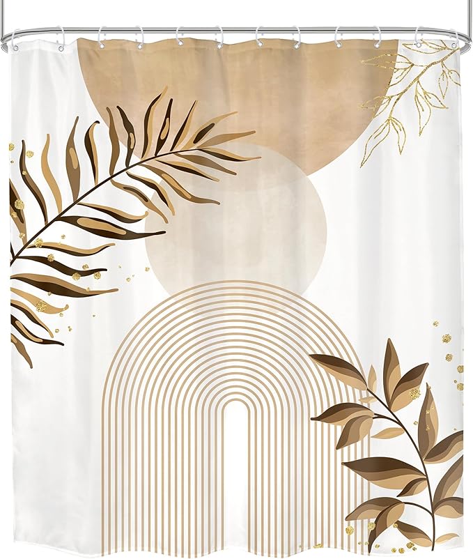 Beige Boho Shower Curtain 60Wx72H Bohemian Abstract Modern Mid Century Leaves Minimalist Contemporary Plant Cream Bathroom Decor Arch Simple Neutral Bath Curtain Fabric Polyester 12 Pack Hooks