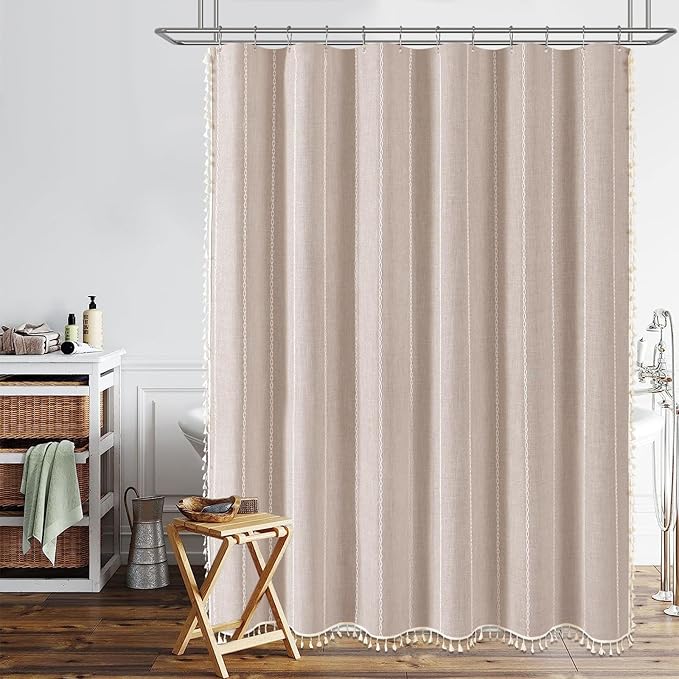 BTTN Stall Shower Curtain - 60x72 Narrow Boho Farmhouse Linen Vintage Striped Fabric Shower Curtain Set with 10 Hooks, Bohemian Cottage Decorative Heavy Duty Shower Curtains for Bathroom - Tan/Taupe