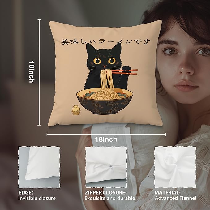 Funny Vintage Cute Anime Black Cat Japanese Ramen Noodles Pillow Covers 18x18, Aesthetic Black Cat Art Painting Decor Pillow Covers for Room Bedroom