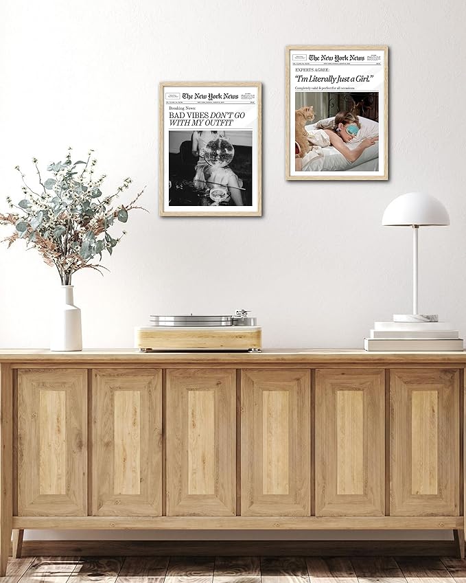 EcoHest Small Trendy Newspaper Magazine Framed Wall Art, 8x10 in OAK Wood Bad Vibes Don't Go With My Outfit Disco Bar Canvas Wall Art, Preppy Retro Home Decor For Bedroom Living Room 1Pack