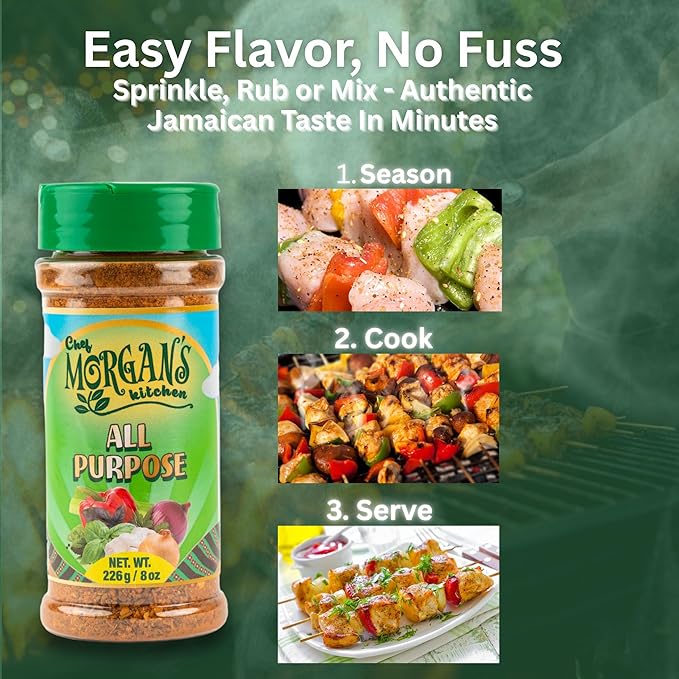 Chef Morgan’s Kitchen Bundle – Jerk Seasoning, All-Purpose Spice & Garlic Onion Salt – Ideal for Grilling, BBQ, Roasting & Everyday Cooking – 3 Pack, 8oz Each