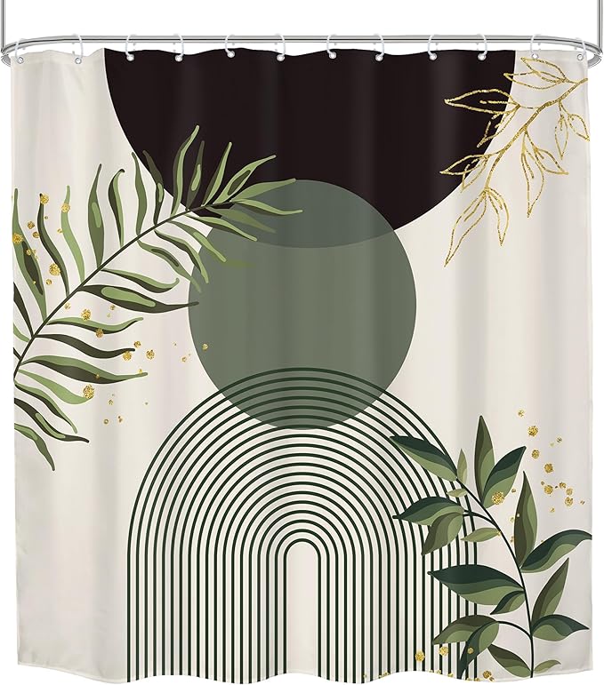 Dark Green Boho Shower Curtain 72Wx84H Extra Long Black Green Modern Bohemian Abstract Plant Leaves Bathroom Decor Minimalist Geometric Neutral Bath Curtain Fabric Polyester 12 Pack Hooks