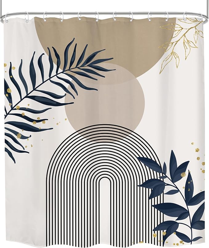 Boho Shower Curtain 60Wx72H Modern Mid Century Abstract Gold Leaves Bohemian Minimalist Geometric Arch Plant Botany Bathroom Decor Neutral Aesthetic Bath Curtain Fabric Polyester 12 Pack Hooks