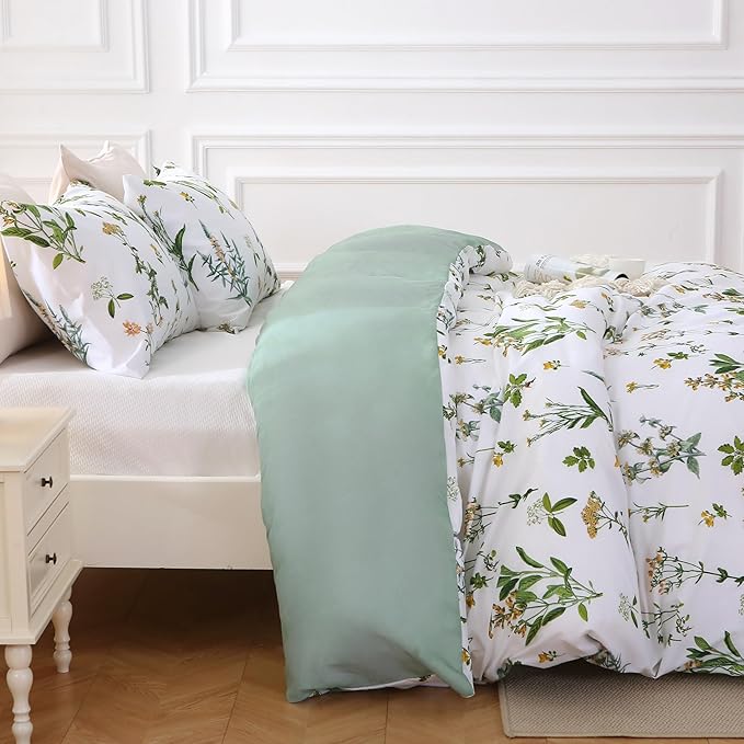 MUXHOMO Duvet Cover King Size, Reversible Floral Green Duvet Cover Set with Zipper Closure, 3 Pieces Botanical Patterns Soft Microfiber Bedding Set with 4 Ties (90"x104", 2 Pillow Cases)