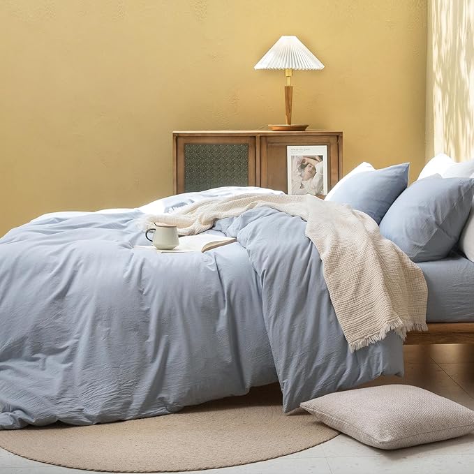 FOSSA Duvet Cover Set 100% Washed Cotton Linen Feel Super Soft Breathable Cozy 3 Pieces Bedding Sets Solid Cornflower Blue Super King