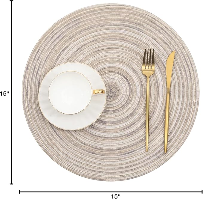 SHACOS Round Braided Placemats 15 inch Set of 6 Washable Kitchen Table Placemats for Home Wedding Party (Rainbow Gray, 6)