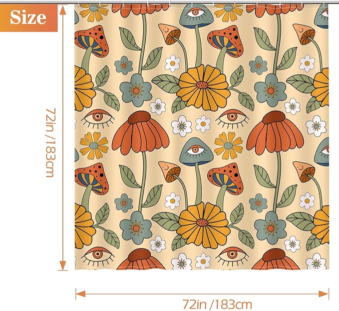 Aimego Boho Mushroom Floral Shower Curtains - 70s Retro Bohemian Yellow Orange Flowers Eyes Bath Shower Curtain Set with 12 Hooks for Adults Bathroom Decor Accessories, 72"x72"