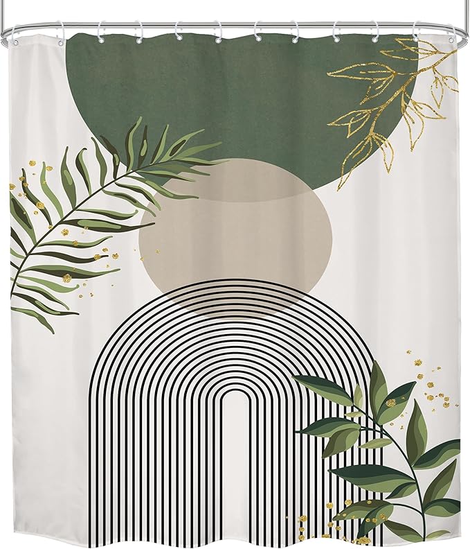 Green Boho Shower Curtain 72Wx96H Extra Long Mid Century Modern Abstract Green Gold Minimalist Leaves Sun Arch Bathroom Decor Geometric Plant Bath Curtain Fabric Polyester 12 Pack Hooks