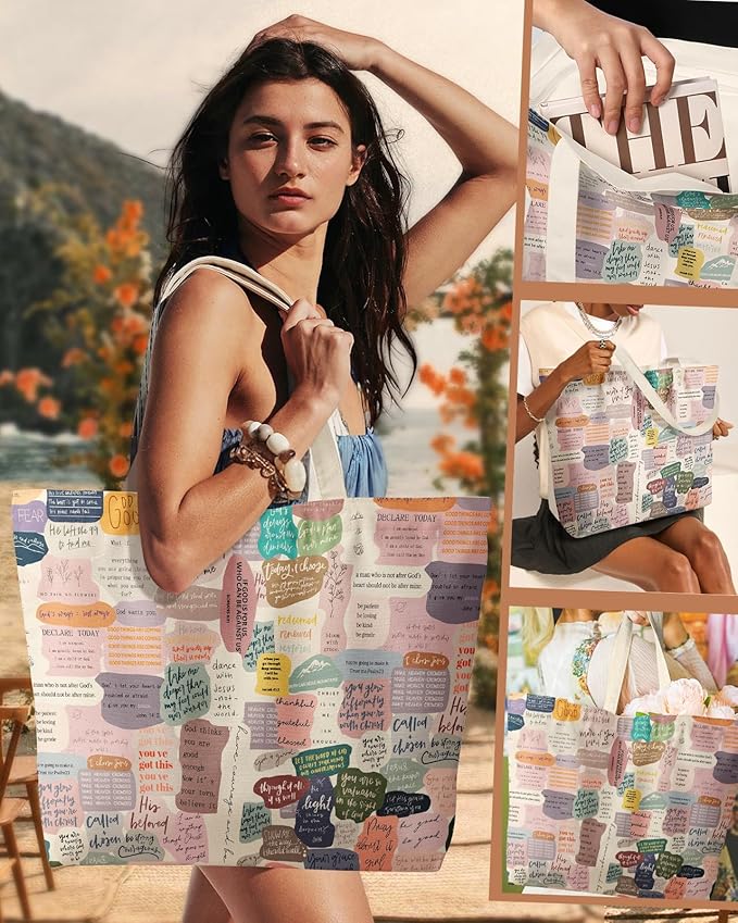 Large Tote Bag for Women - Aesthetic Cute Big Canvas Bags with Zipper Cotton Shoulder Bag for Gym, Travel, Work