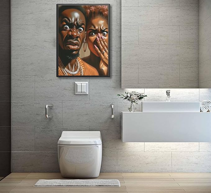 JASMIE Funny African American Bathroom Canvas Wall Art Humor Afrocentric Black Couple Unpleasant Smell Cover Nose Painting Pictures Wall Decor Print Artwork for Washroom Toilet Home Unframed