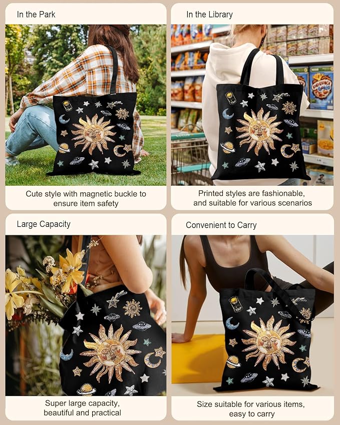 Canvas Tote Bag for Women – Aesthetic Canvas Bag with Zipper Cute Stylish Reusable Shoulder Totes for Shopping Work Daily Vacation, Sun Planets