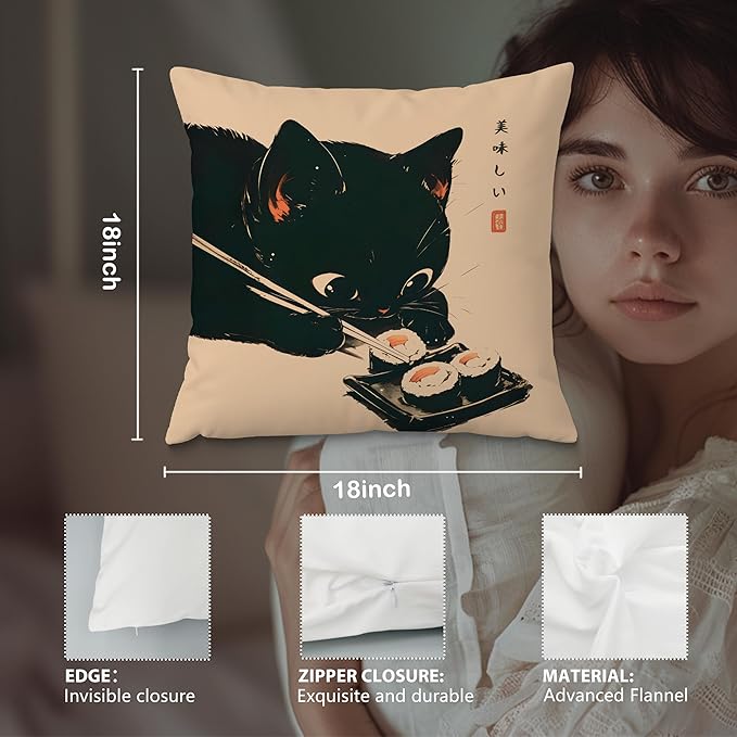 Funny Vintage Black Cat Japanese Sushi Ramen Noodles Pillow Covers 18x18 Set of 2, Aesthetic Black Cat Art Painting Decor Pillow Covers for Room Bedroom
