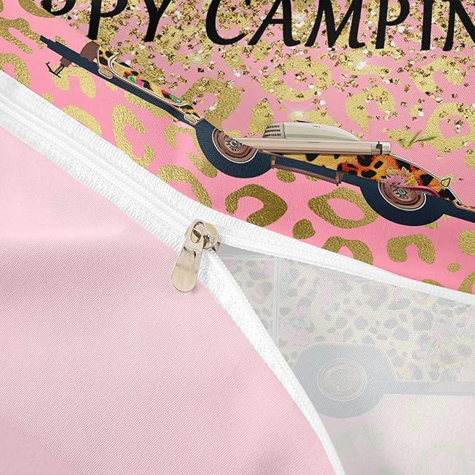 Camper Bedding Set Queen Size Comforter Cover for Kids Teen Girls Boys Room Decor,Happy Camping Theme Quilt Cover Leopard Cartoon Car Duvet Cover with 2 Pillowcases, Pink Golden