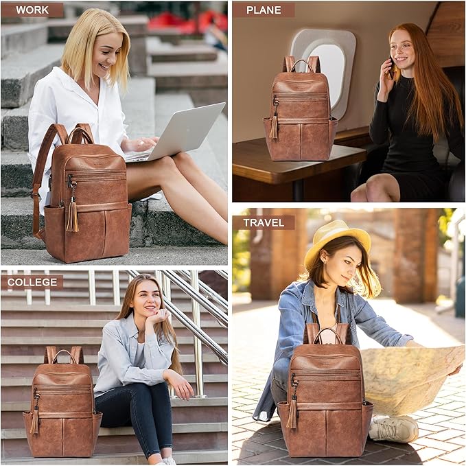 Leather Laptop Backpack for Women, 15.6" Causal Daypack Backpacks Purse Computer Backpack with Laptop Compartment for Travel Work College Business, Brown