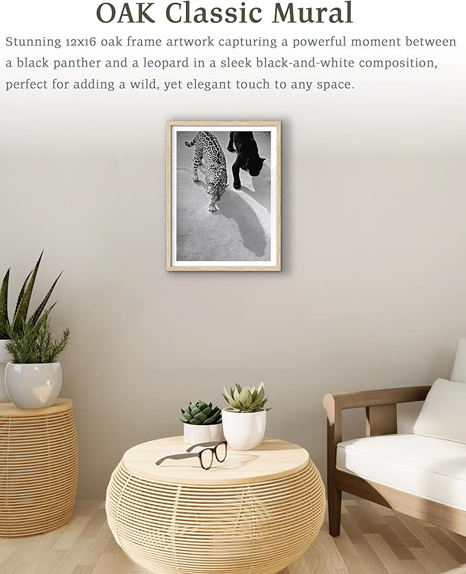 EcoHest Cheetah and Jaguar Walking Framed Wall Art, 12x16 in OAK Wood Vintage Black and White Funny Bathroom Canvas Art, Fashion 1950s Poster Decor, Beige Logs Set of 1 for Bedroom Living Room