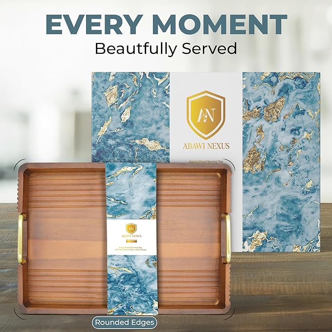 Acacia Wood Serving Tray with Metal Handles – 17x12in Rustic Decorative Ottoman & Coffee Table Tray for Breakfast in Bed, Dinner, Bar, Kitchen, Home Décor & Entertaining