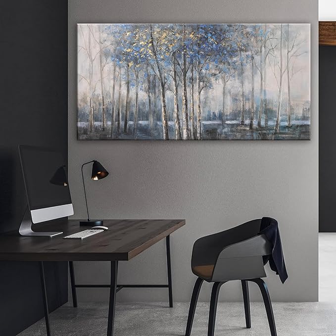 Canvas Wall Art Decor Pictures Wall Decor Prints Modern Large Wall Art Gold Wall Art Blue Grey Misty Botanical Textured Artwork for Walls For Room Living Room Bedroom Office Wall Decor 24"X48"