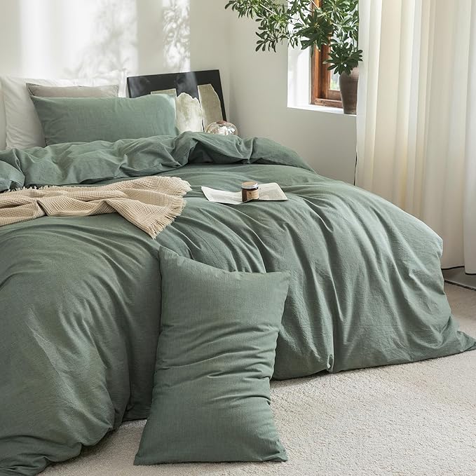 FOSSA Duvet Cover Set 100% Washed Cotton Linen Feel Super Soft Breathable Cozy Simple Style 3 Pieces Bedding Sets Solid Heathered Green Oversized Queen
