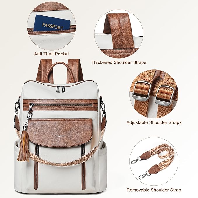 Shrrie Laptop Backpack for Women 15.6 inch,Travel Leather Backpack Purse Nurse Teacher Carry on Backpack Computer Bag,Professional Water-Resistant College Business Work Casual Daypack,Beige with Brown