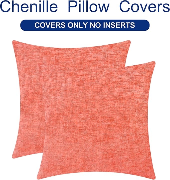 CaliTime Throw Pillow Covers Decorative 16 X 16 Inches Pack of 2 Cozy Chenille Cushion Cases for Couch Sofa Bed Living Room Home Living Coral