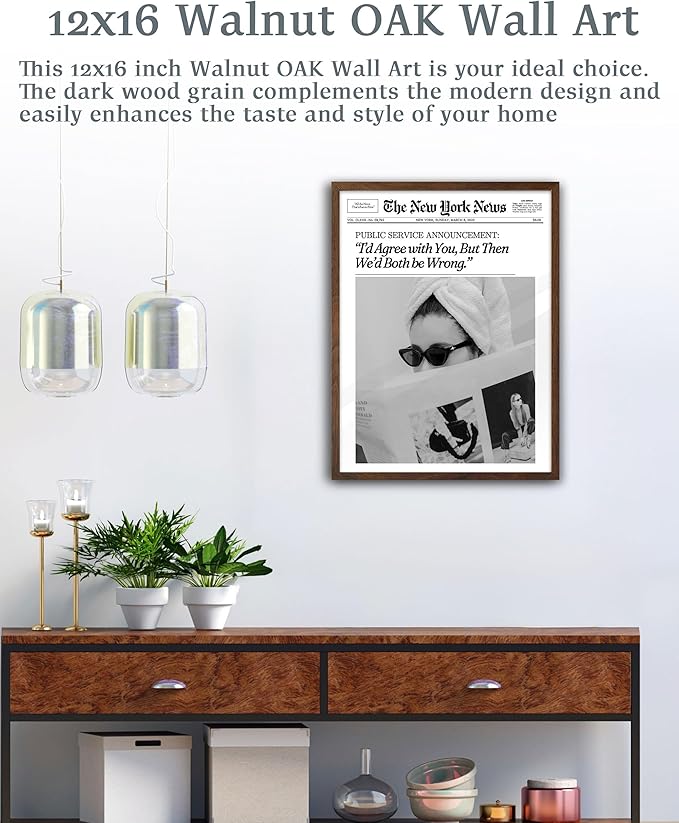 EcoHest Trendy Newspaper Framed Wall Art, 12x16 in OAK Wood Walnut Color Cool Girl Canvas Art, Magazine Bar Cart Print College Dorm Decor, Set of 1 for Bedroom Living Room