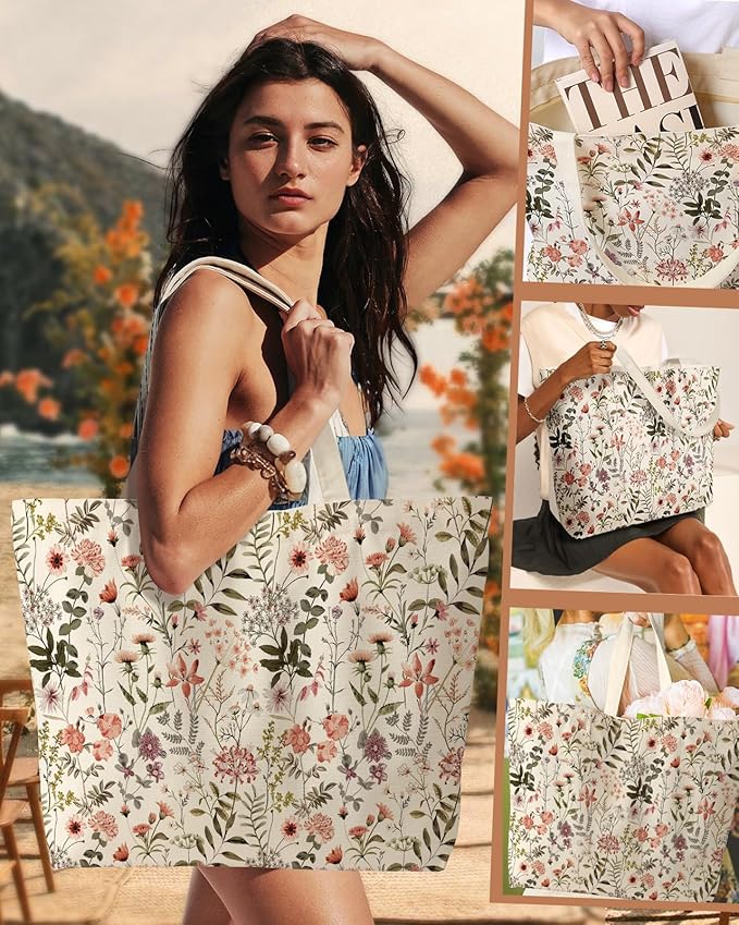 Large Tote Bag for Women - Canvas Tote Bag with Zipper Aesthetic Reusable Shoulder Bag for Gym, Travel, Work