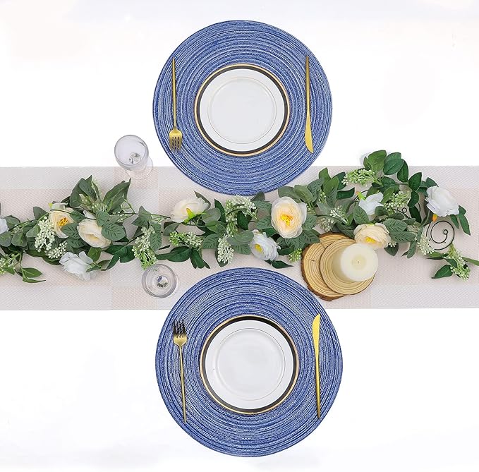 SHACOS Round Braided Placemats 15 inch Set of 4 Washable Kitchen Table Placemats for Home Wedding Party (Blue White, 4)
