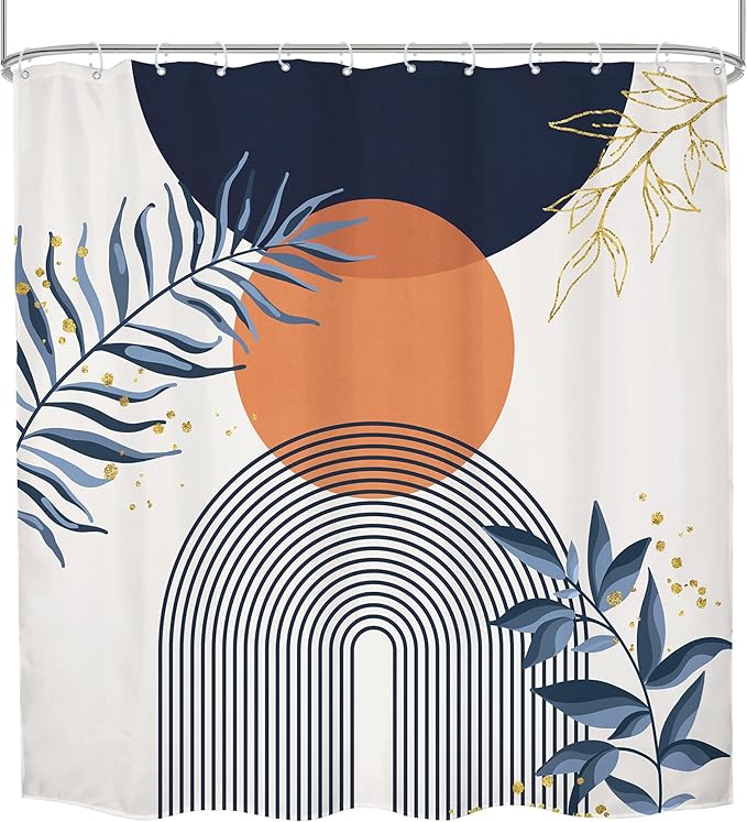 Navy Blue Boho Shower Curtain 72Wx72H Modern Abstract Bohemian Blue Gold Leaves Orange Minimalist Mid Century Plant Bathroom Decor Neutral Geometric Bath Curtain Fabric Polyester 12 Pack Hooks